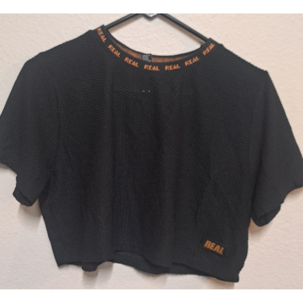 Forever 21 Black Mesh Crop Top REAL Graphic Sheer Short Sleeve Large